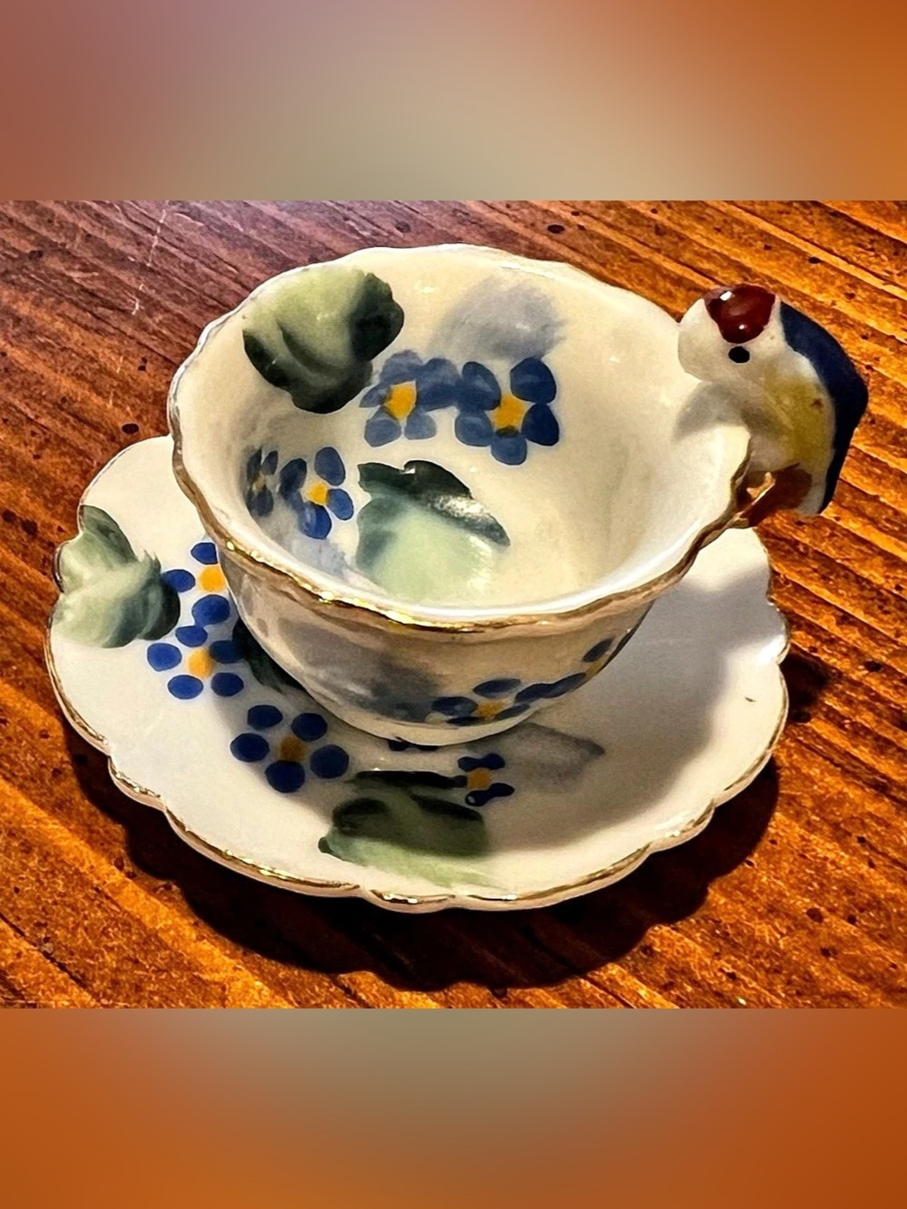 VTG 1950s miniature doll demitasse tea cup & saucer bird handle floral porcelain